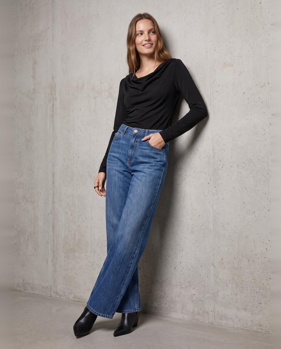 Top con cuello drapeado de manga larga de mujer - Vero Moda - Negro Negro-3