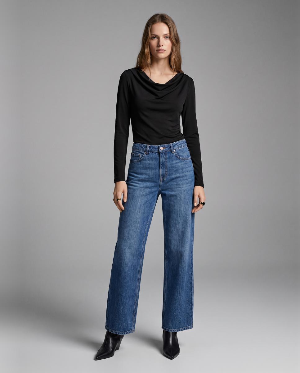 Top con cuello drapeado de manga larga de mujer - Vero Moda - Negro Negro-4