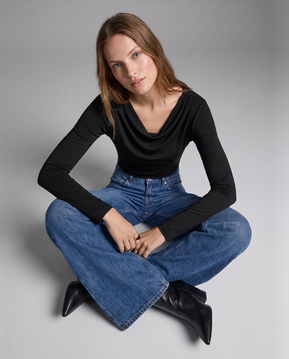 Top con cuello drapeado de manga larga de mujer - Vero Moda - Negro Negro-5