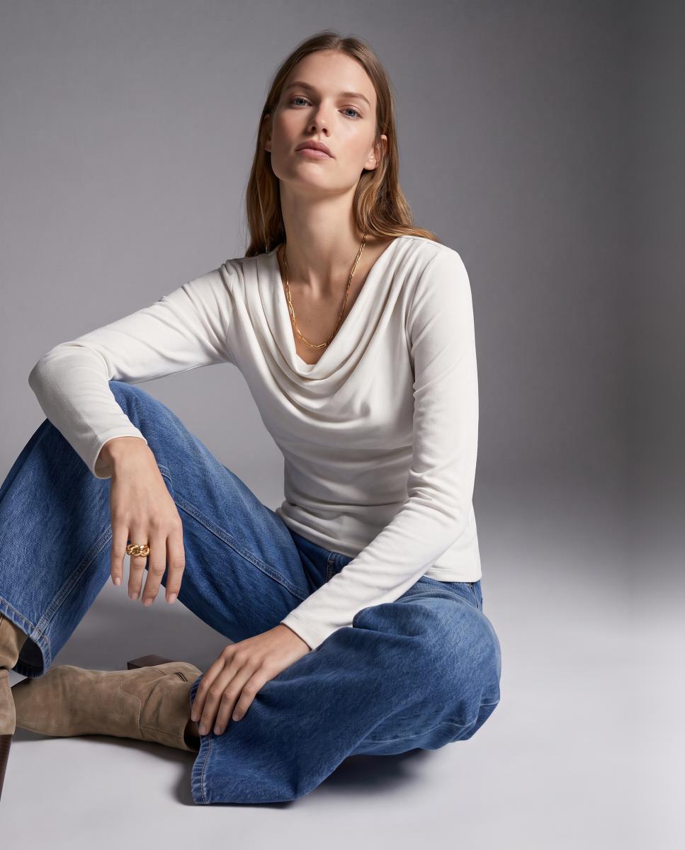 Top con cuello drapeado de manga larga de mujer - Vero Moda - Blanco Blanco-2