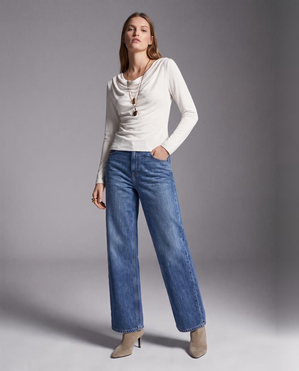 Top con cuello drapeado de manga larga de mujer - Vero Moda - Blanco Blanco-3