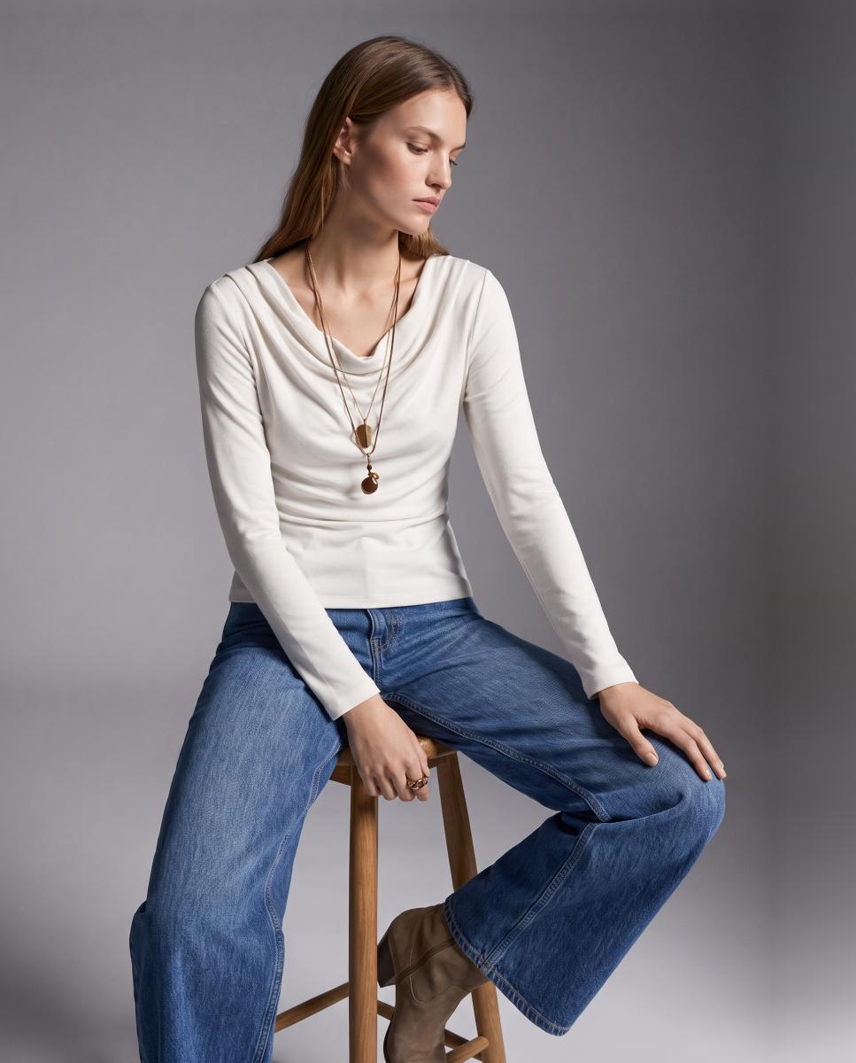 Top con cuello drapeado de manga larga de mujer - Vero Moda - Blanco Blanco-4