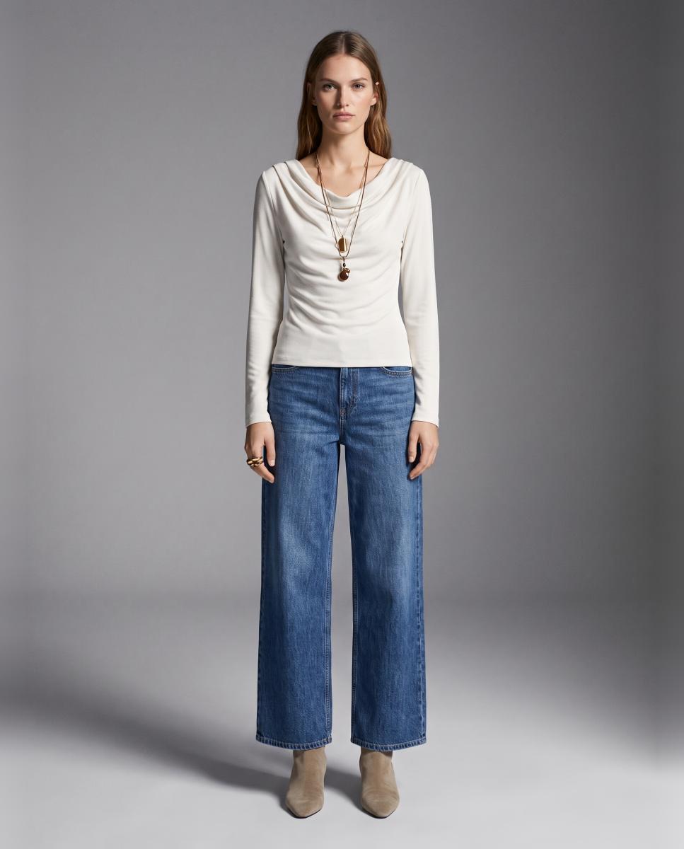 Top con cuello drapeado de manga larga de mujer - Vero Moda - Blanco Blanco-5