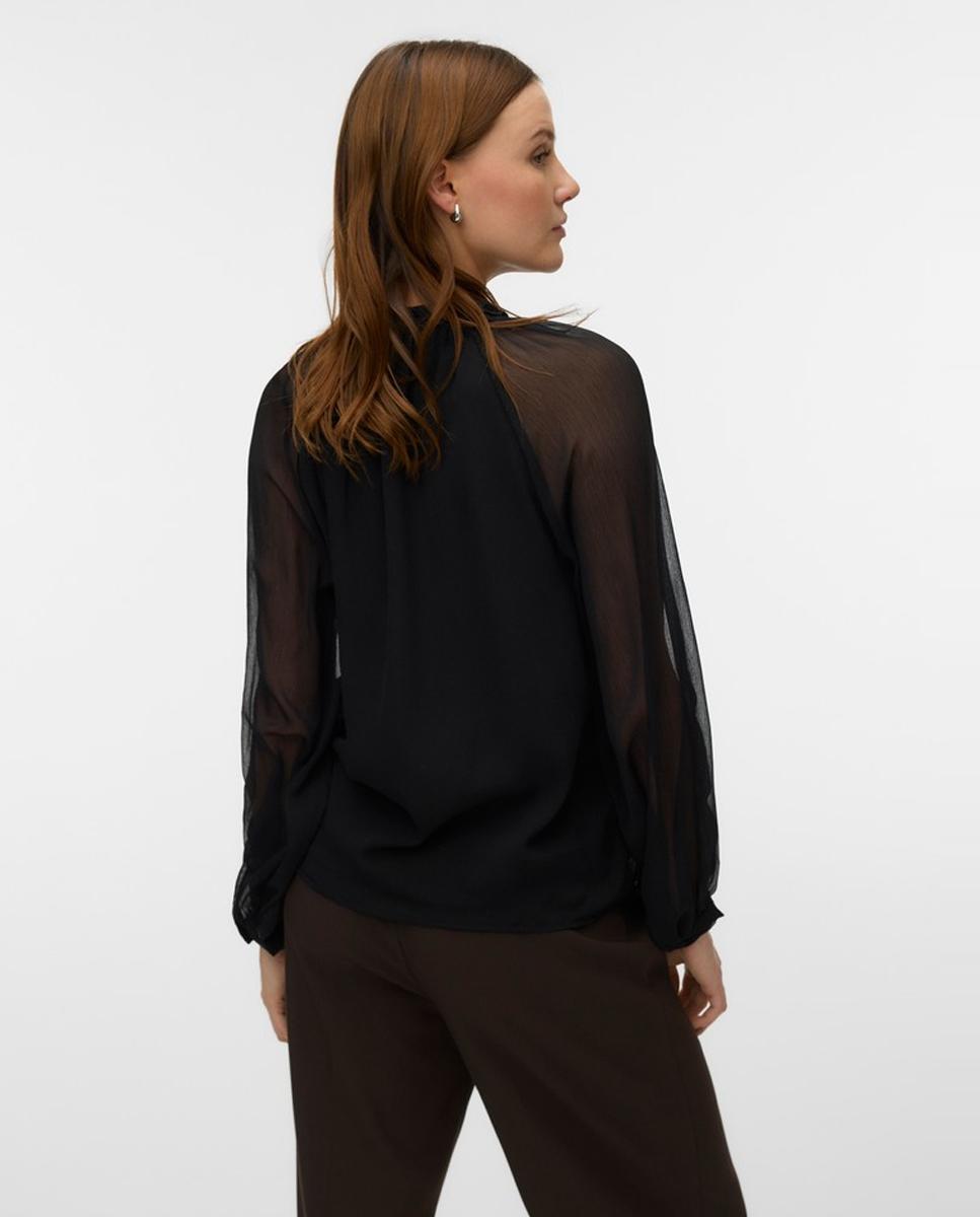Blusa em Tecido Translúcido com Folhos Preto-3
