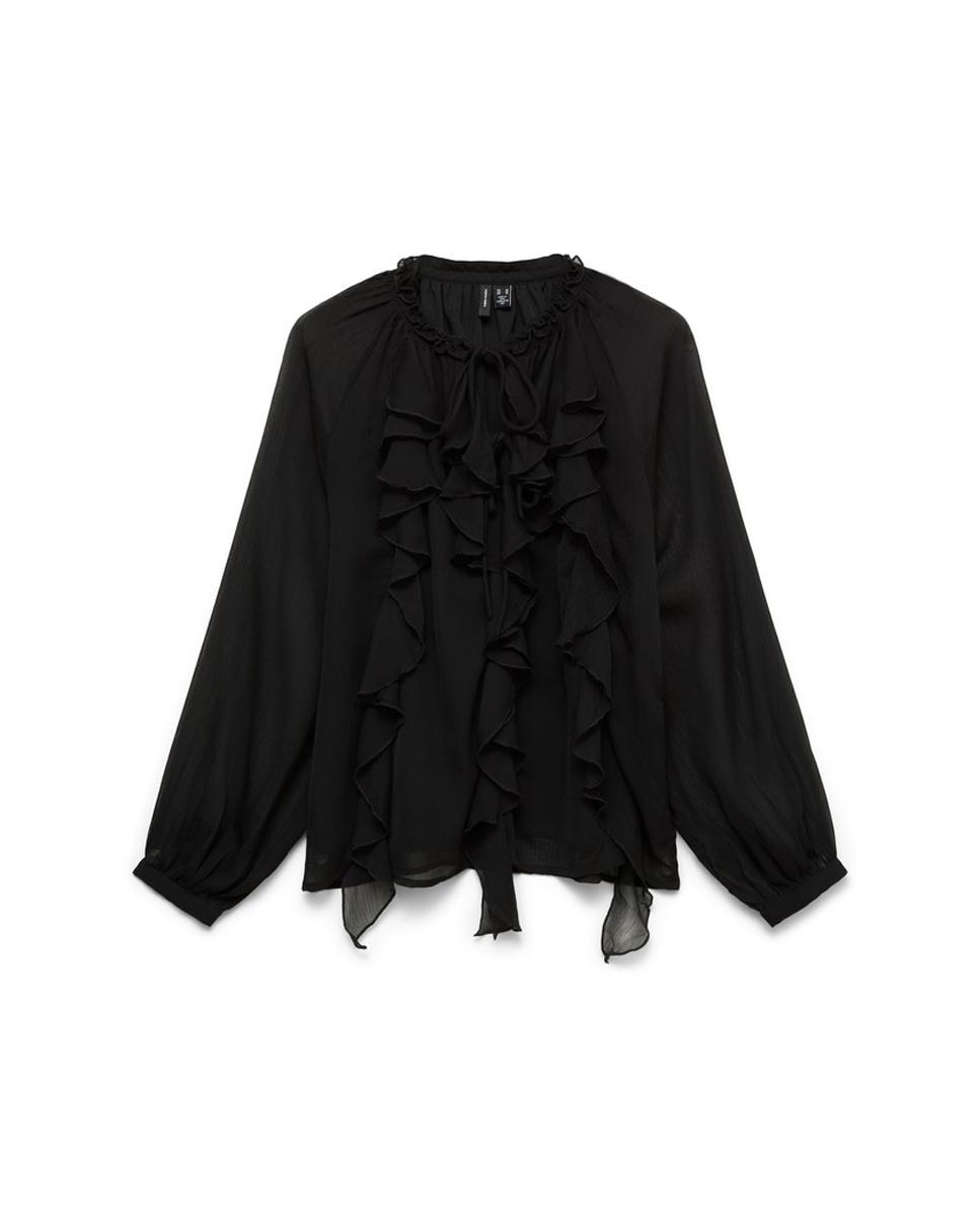 Blusa em Tecido Translúcido com Folhos Preto-4