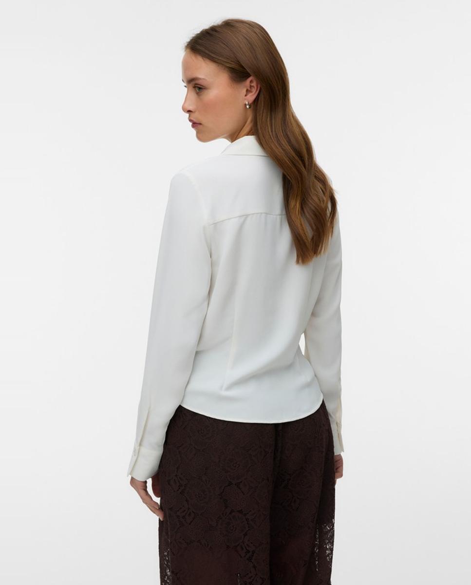 Blusa de Decote em Bico com Franzidos Branco-3