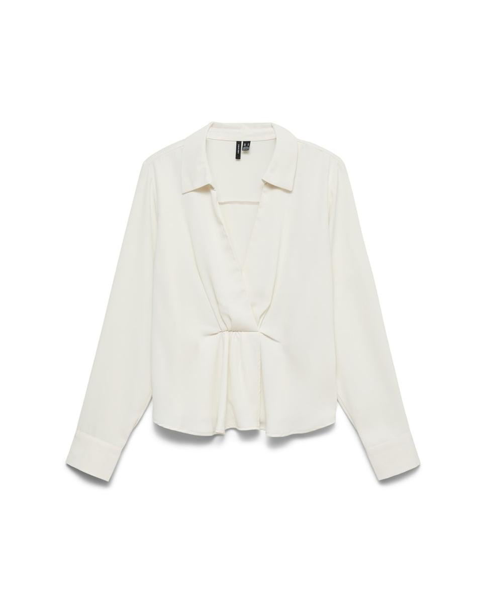 Blusa de Decote em Bico com Franzidos Branco-5