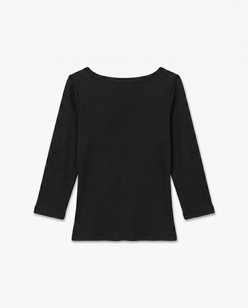 T-shirt Básica de Manga 3/4 com Decote à Barco Preto-5