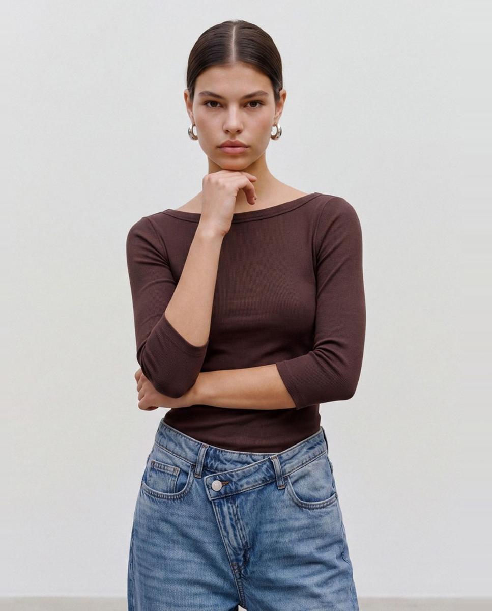 Camiseta de mujer básica manga 3/4 con cuello barco - Vero Moda - Marrón Marrón-1