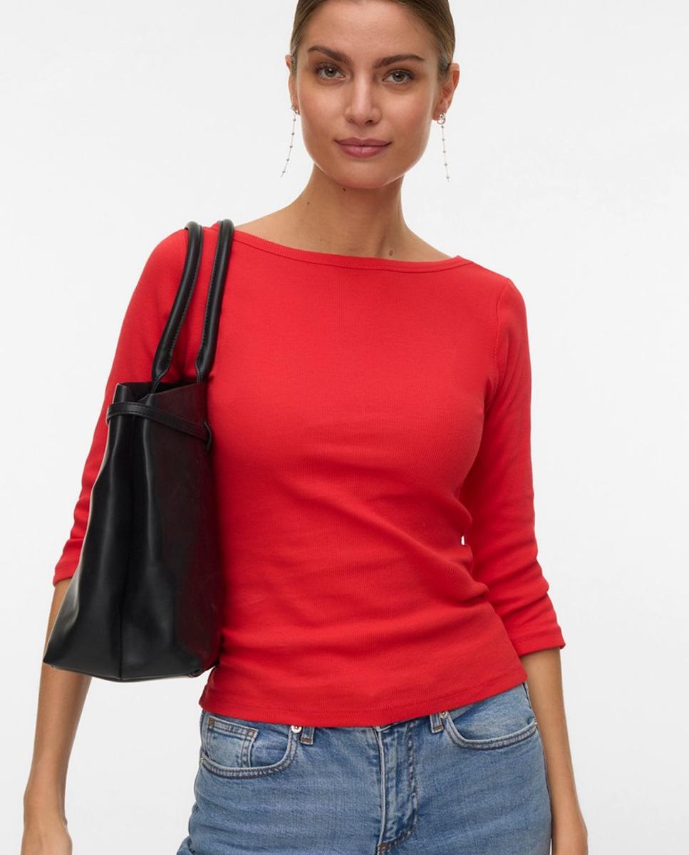 Camiseta de mujer básica manga 3/4 con cuello barco - Vero Moda - Rojo Rojo-1