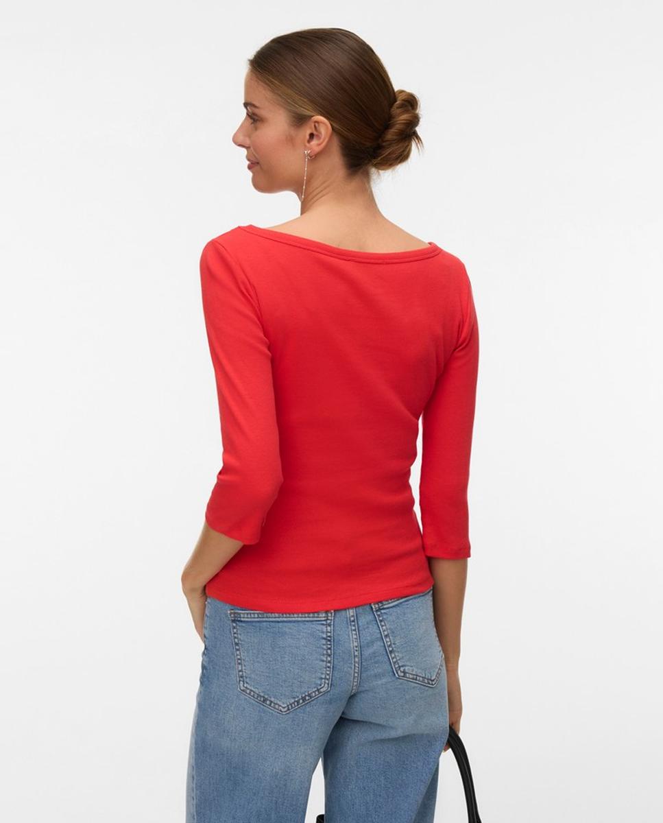 Camiseta de mujer básica manga 3/4 con cuello barco - Vero Moda - Rojo Rojo-3