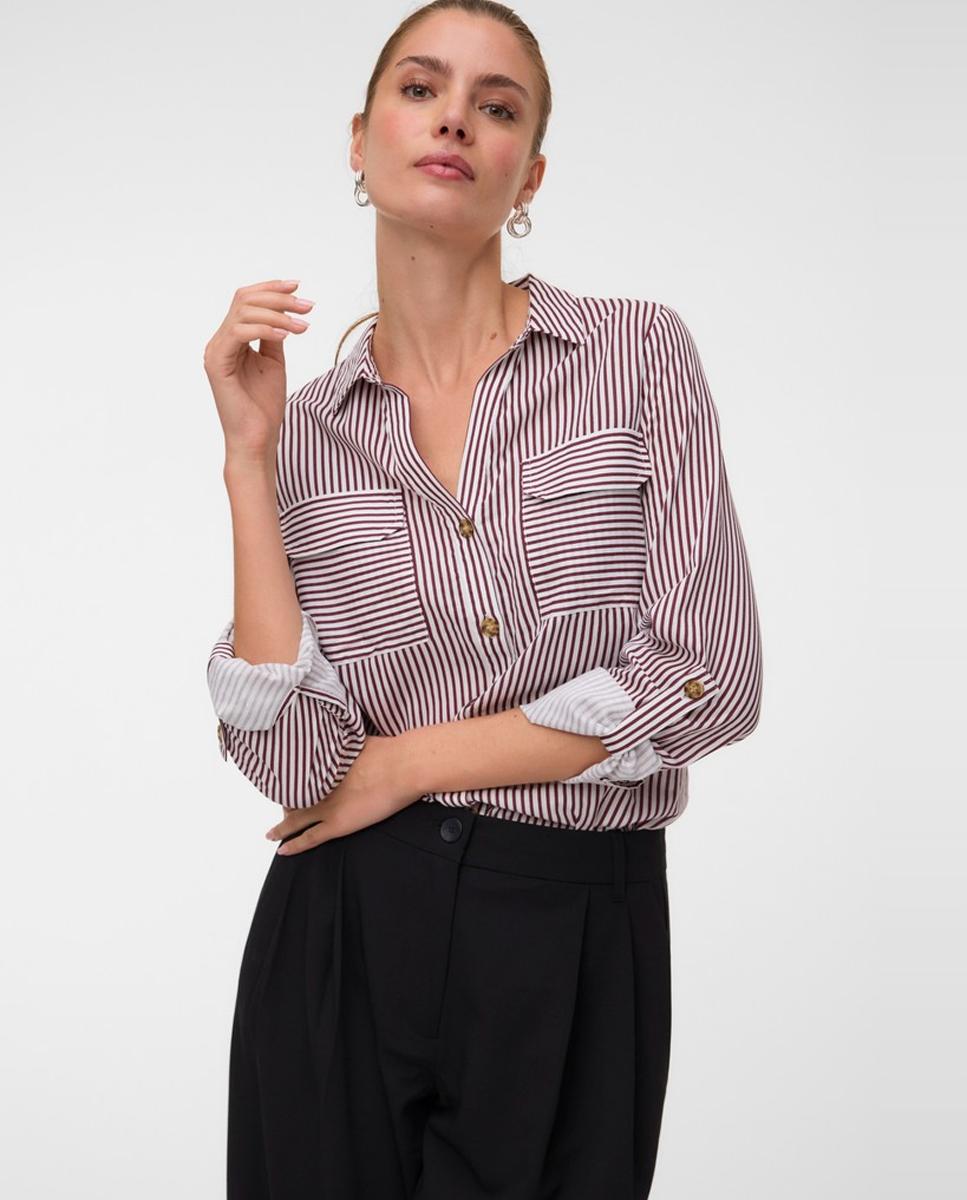 Imagen 0 de Camisa de mujer de manga larga ajustable con cuello pico Rojo