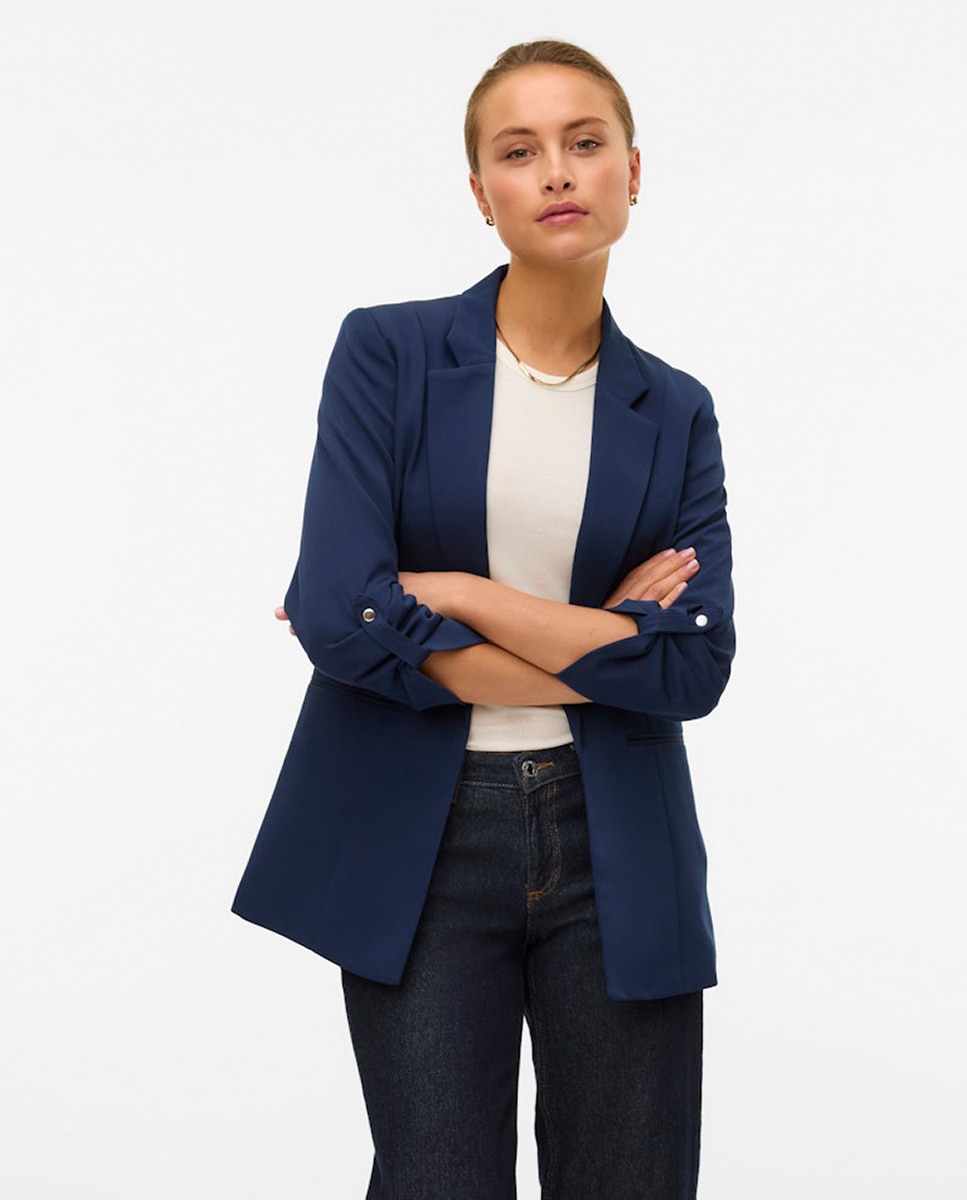 Blazer Aberto com Manga Recolhida Azul-marinho-1