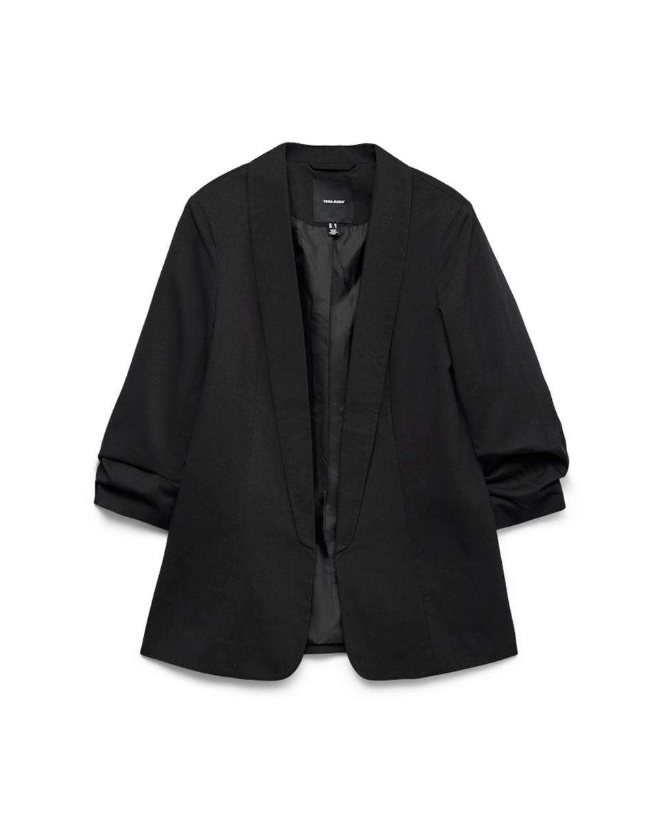 Blazer de Corte Regular com Mangas Franzidas Preto-4