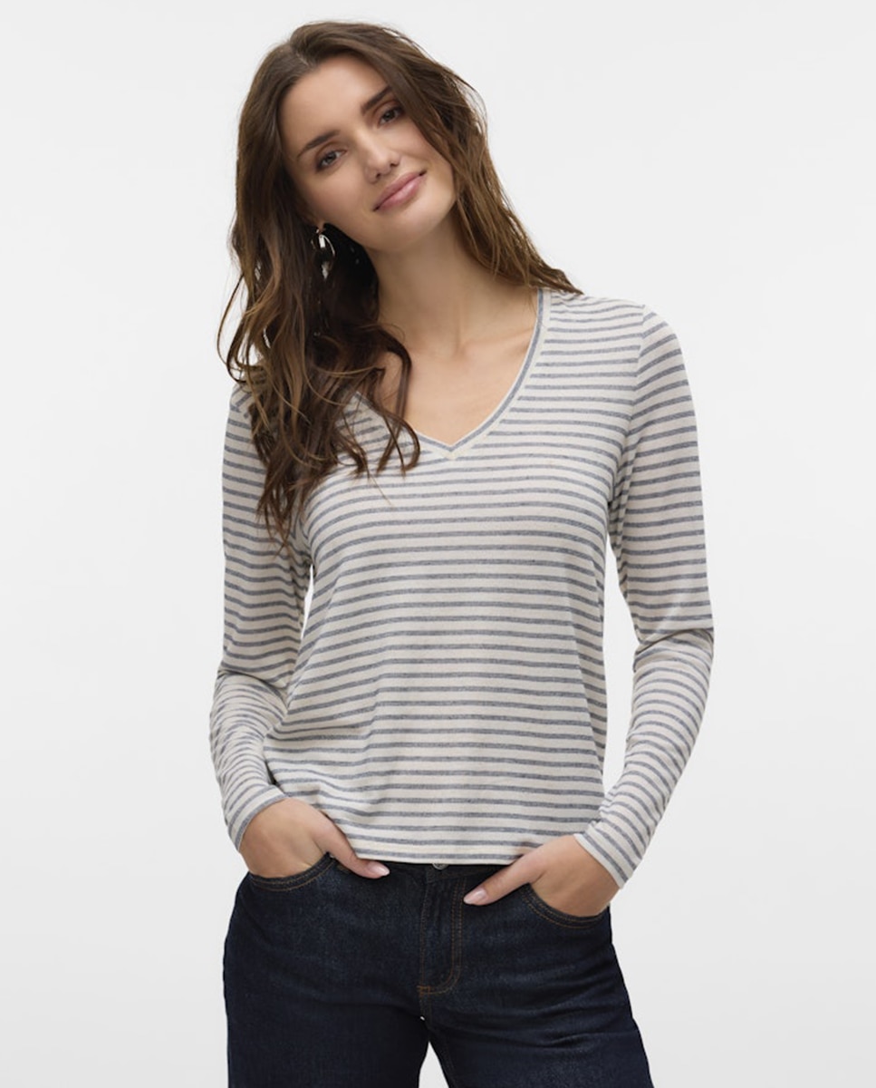 Vero Moda - Camiseta de rayas de mujer con cuello pico.