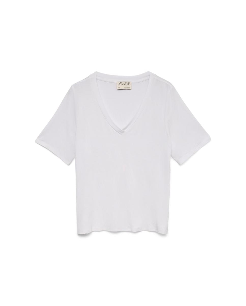 T-shirt Folgada com Decote em Bico Branco-4