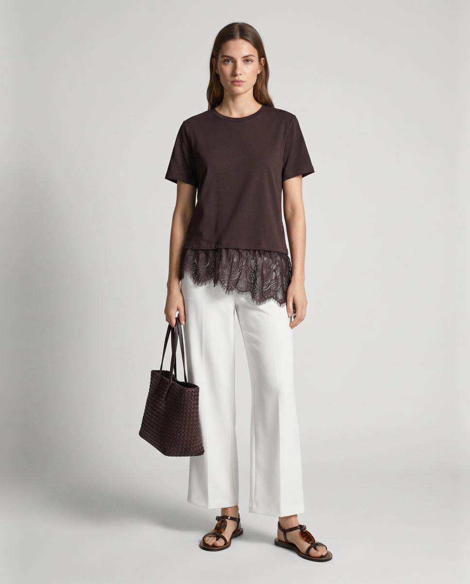 T-shirt Estilo Oversize com Parte Inferior de Renda Castanho-2