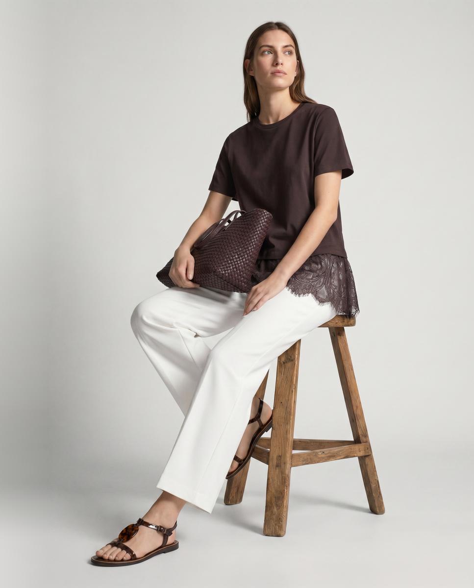 T-shirt Estilo Oversize com Parte Inferior de Renda Castanho-3