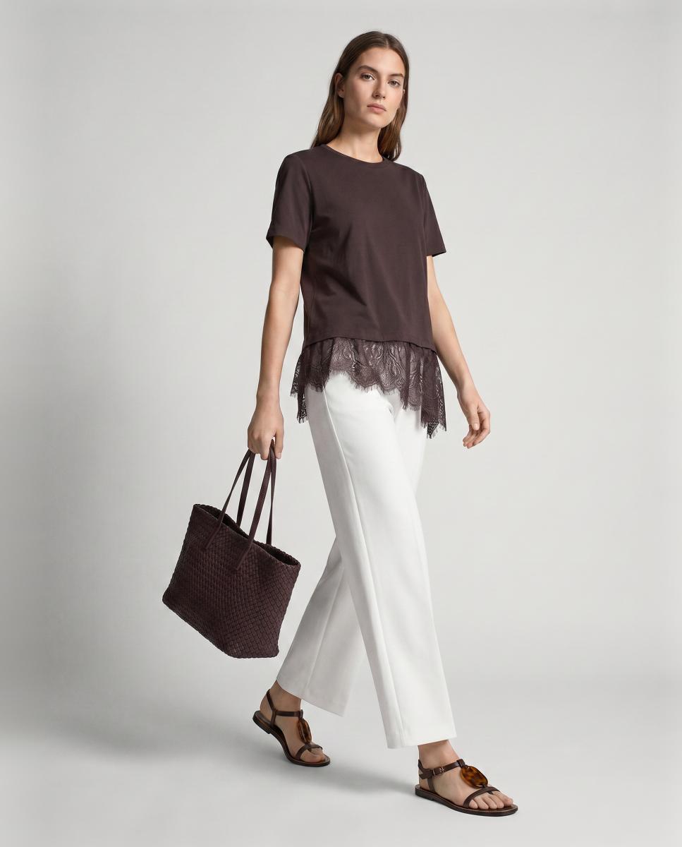 T-shirt Estilo Oversize com Parte Inferior de Renda Castanho-4