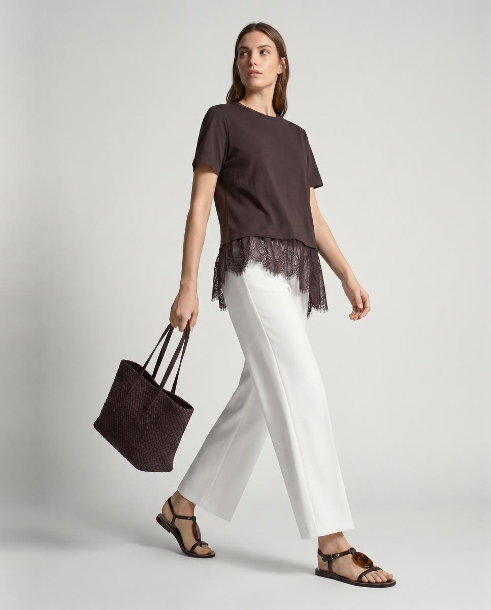 T-shirt Estilo Oversize com Parte Inferior de Renda Castanho-5