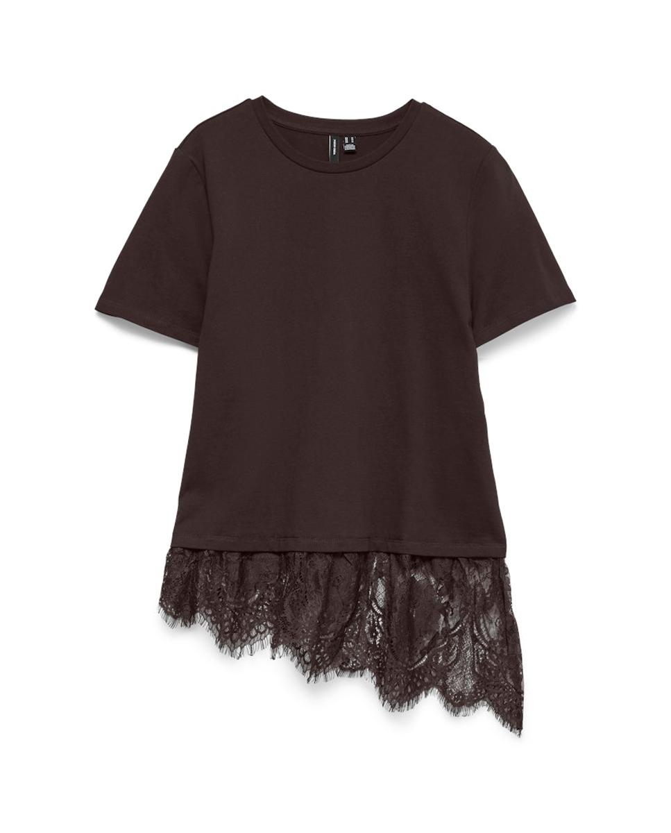 T-shirt Estilo Oversize com Parte Inferior de Renda Castanho-6