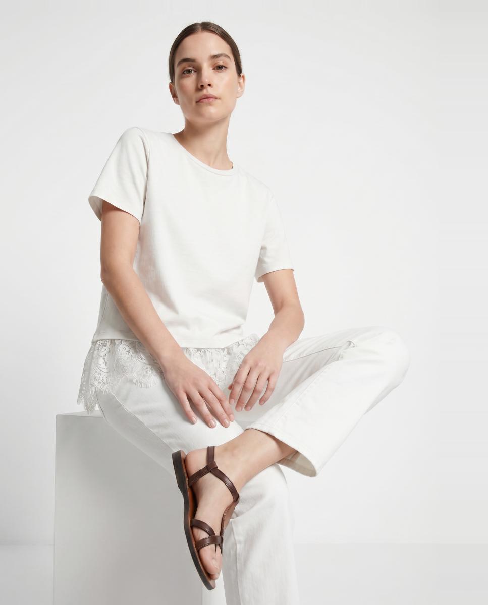 T-shirt Estilo Oversize com Parte Inferior de Renda Branco-1
