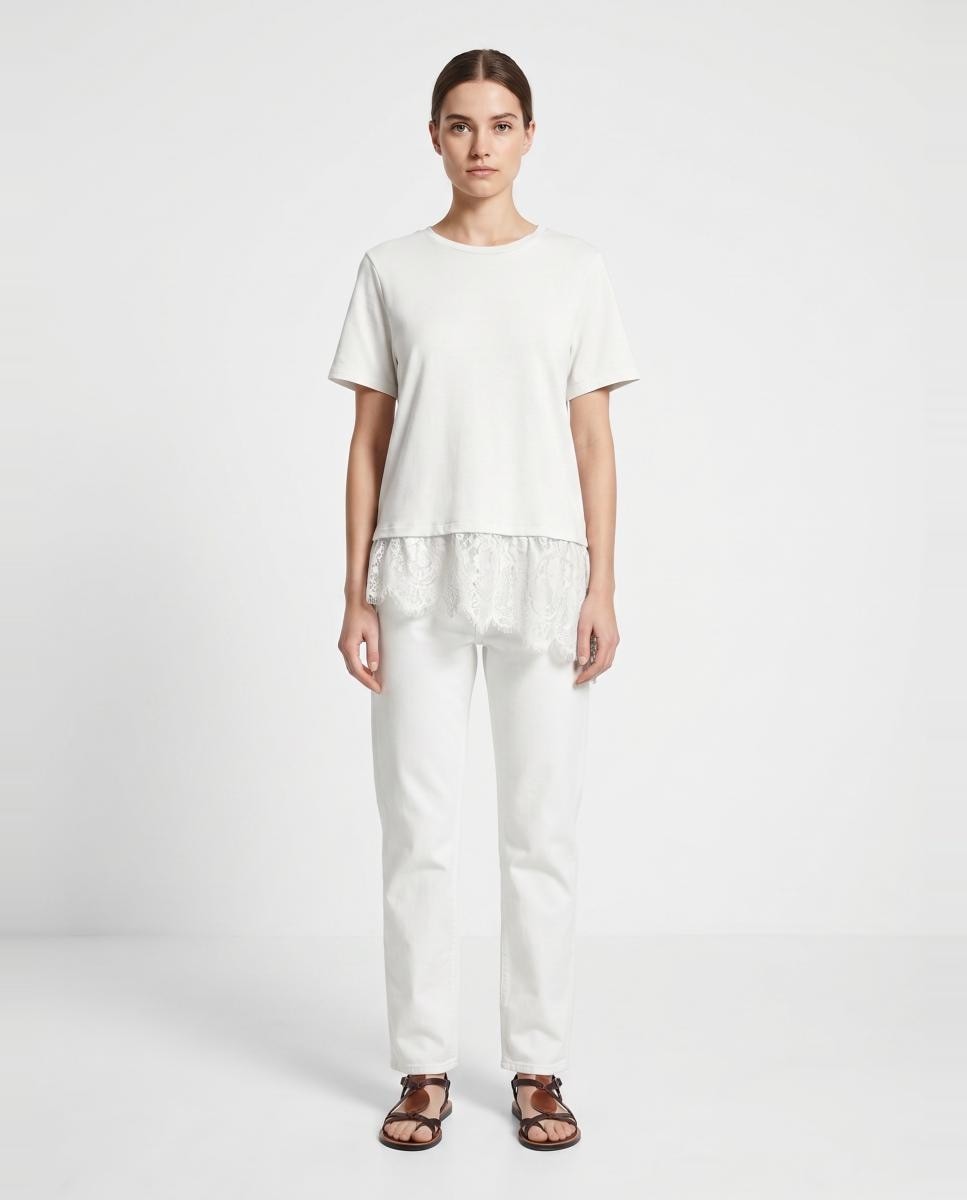 T-shirt Estilo Oversize com Parte Inferior de Renda Branco-2
