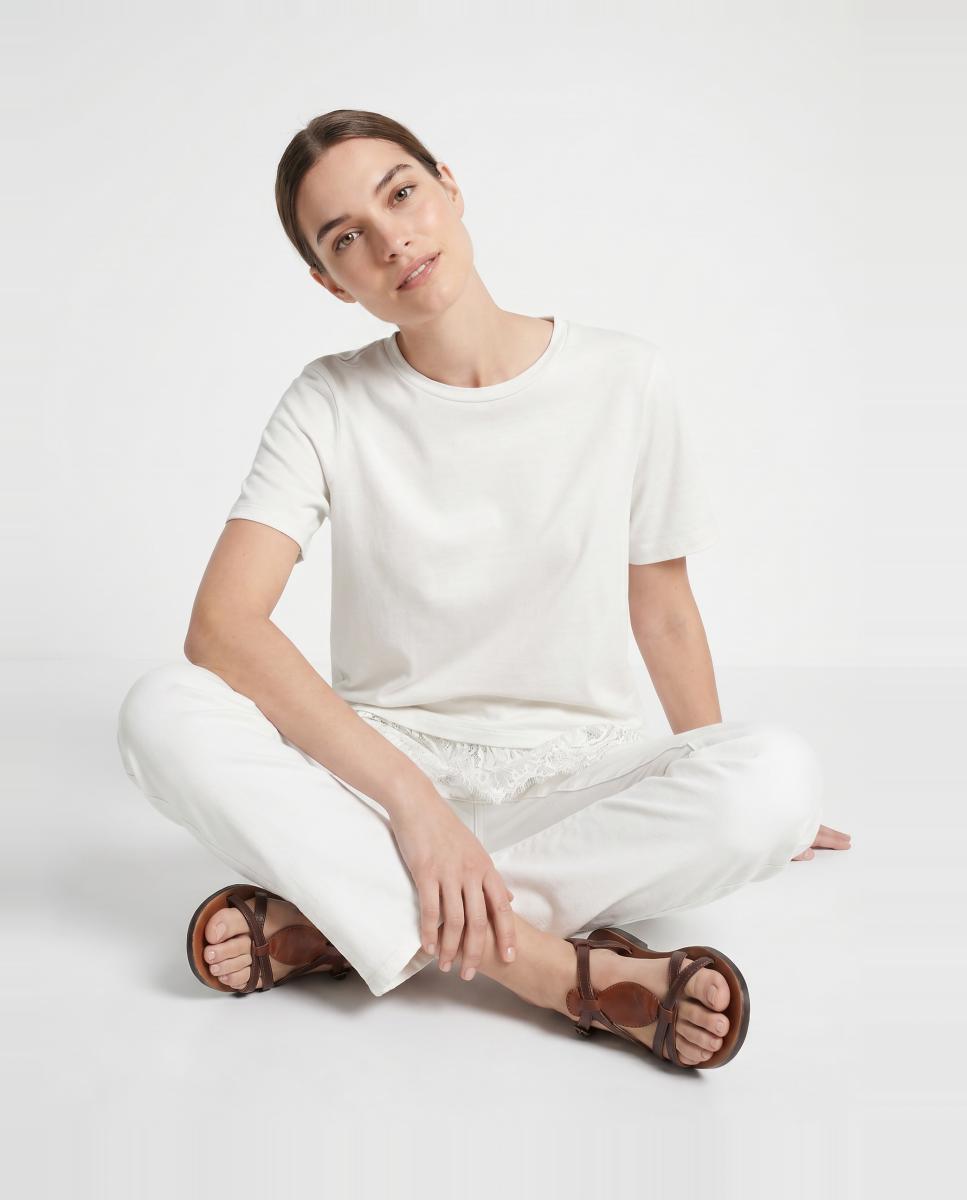 T-shirt Estilo Oversize com Parte Inferior de Renda Branco-3