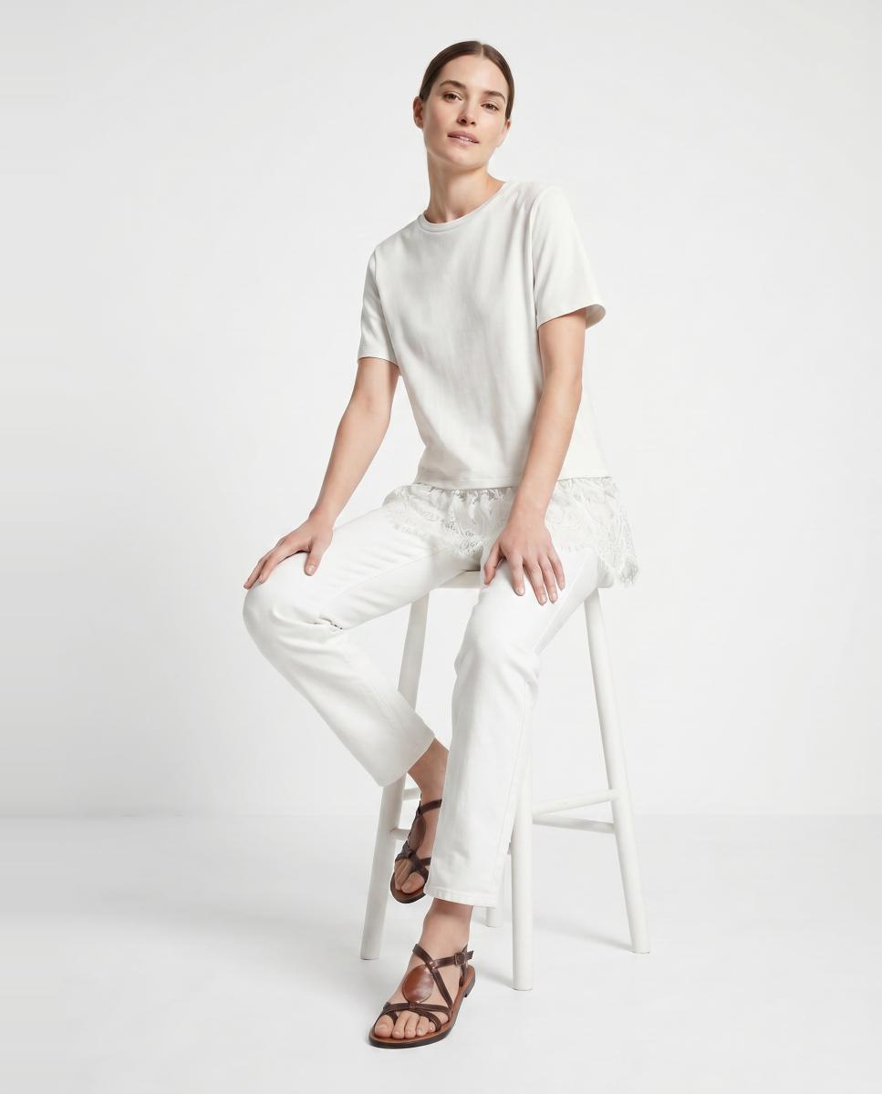 T-shirt Estilo Oversize com Parte Inferior de Renda Branco-5