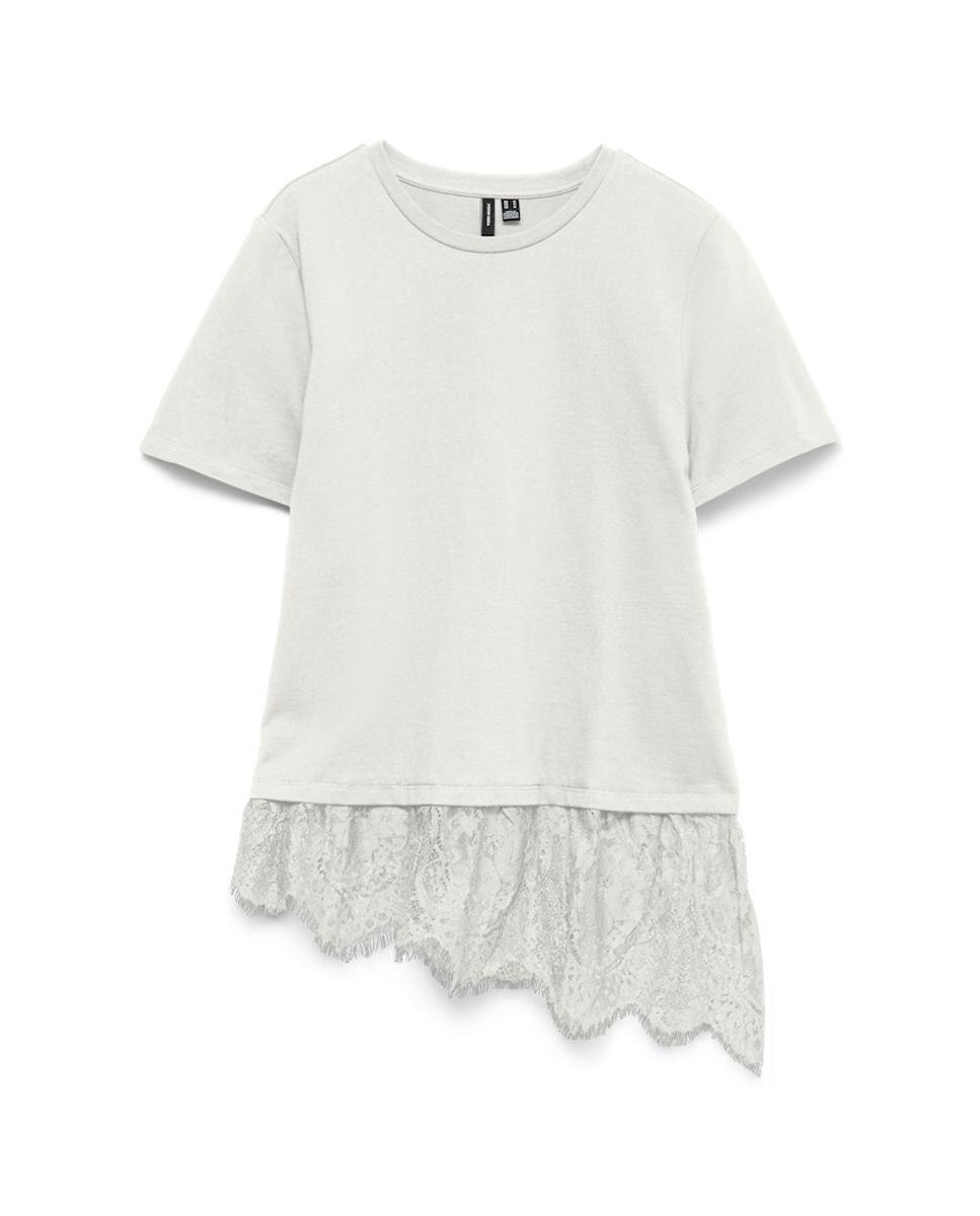 T-shirt Estilo Oversize com Parte Inferior de Renda Branco-6