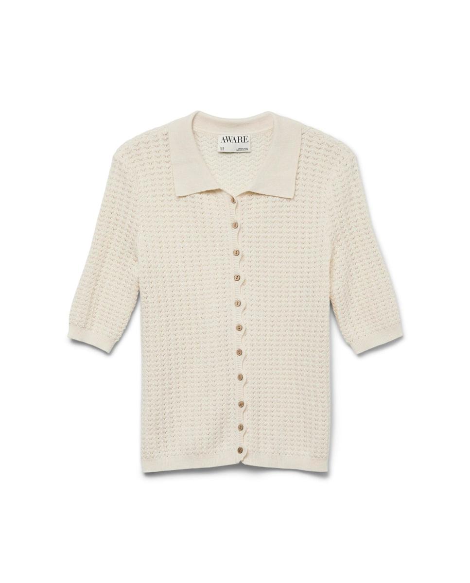 Polo de Malha Fina com Manga 2/4 Branco-5