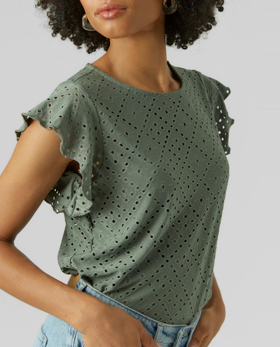 Top Rendilhado com Mangas com Folhos Verde-antiquário-2