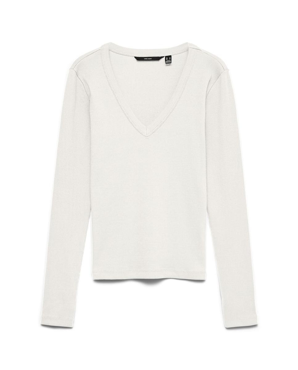 Camisola com Manga Comprida e Decote em Bico Branco-5