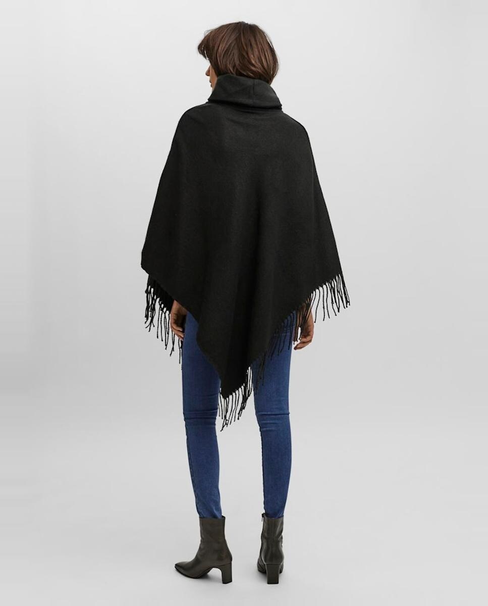 Poncho com Bainha em Bico e Gola Dobrada Preto-3