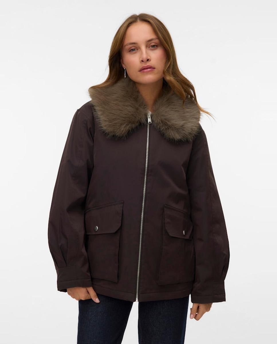 Casaco com Gola de Pelo e com Bolsos Castanho-1