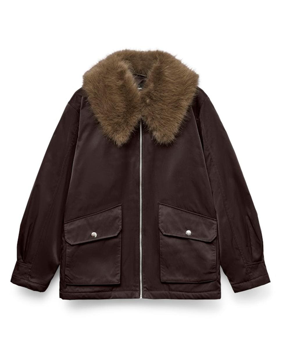 Casaco com Gola de Pelo e com Bolsos Castanho-5