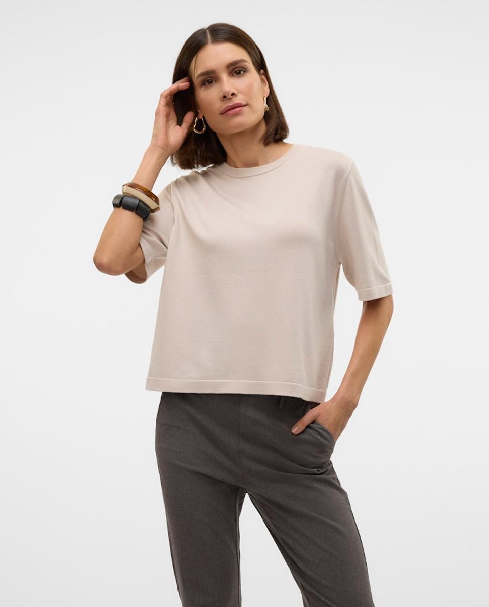 Camisola de Malha Fina com Manga Curta Branco-gelo-1