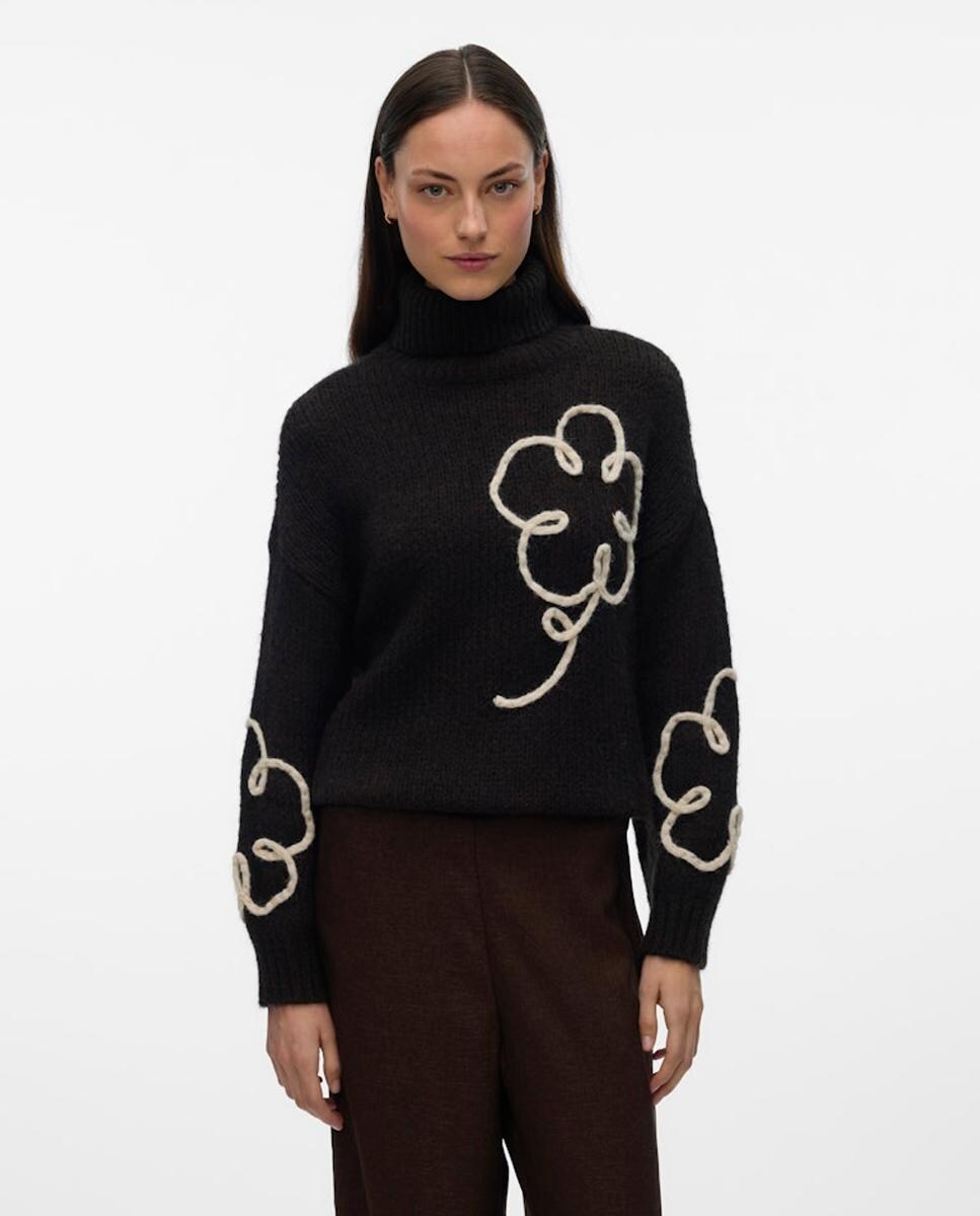 Camisola de Malha de Lã com Bordado Castanho-escuro-1