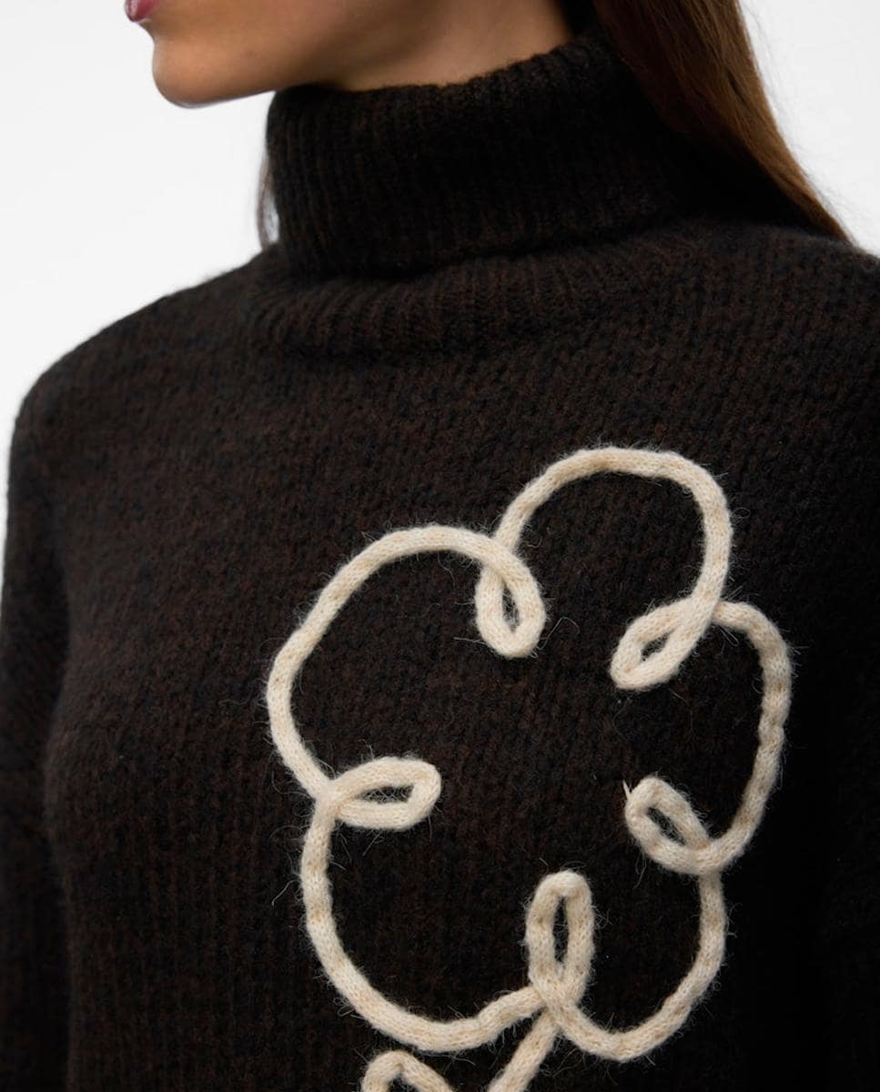 Camisola de Malha de Lã com Bordado Castanho-escuro-2