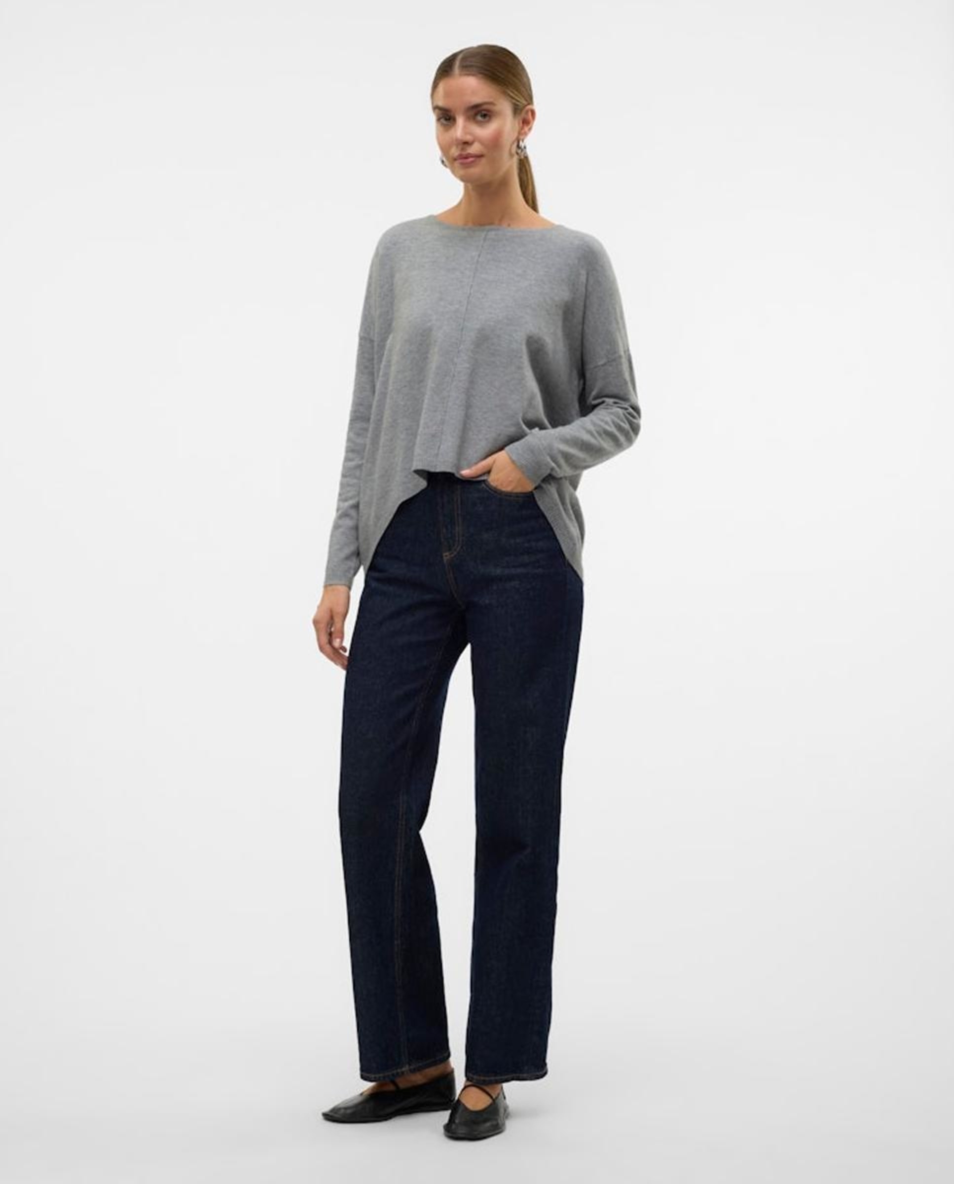 Camisola de Malha Fina com Corte Largo Cinzento-4