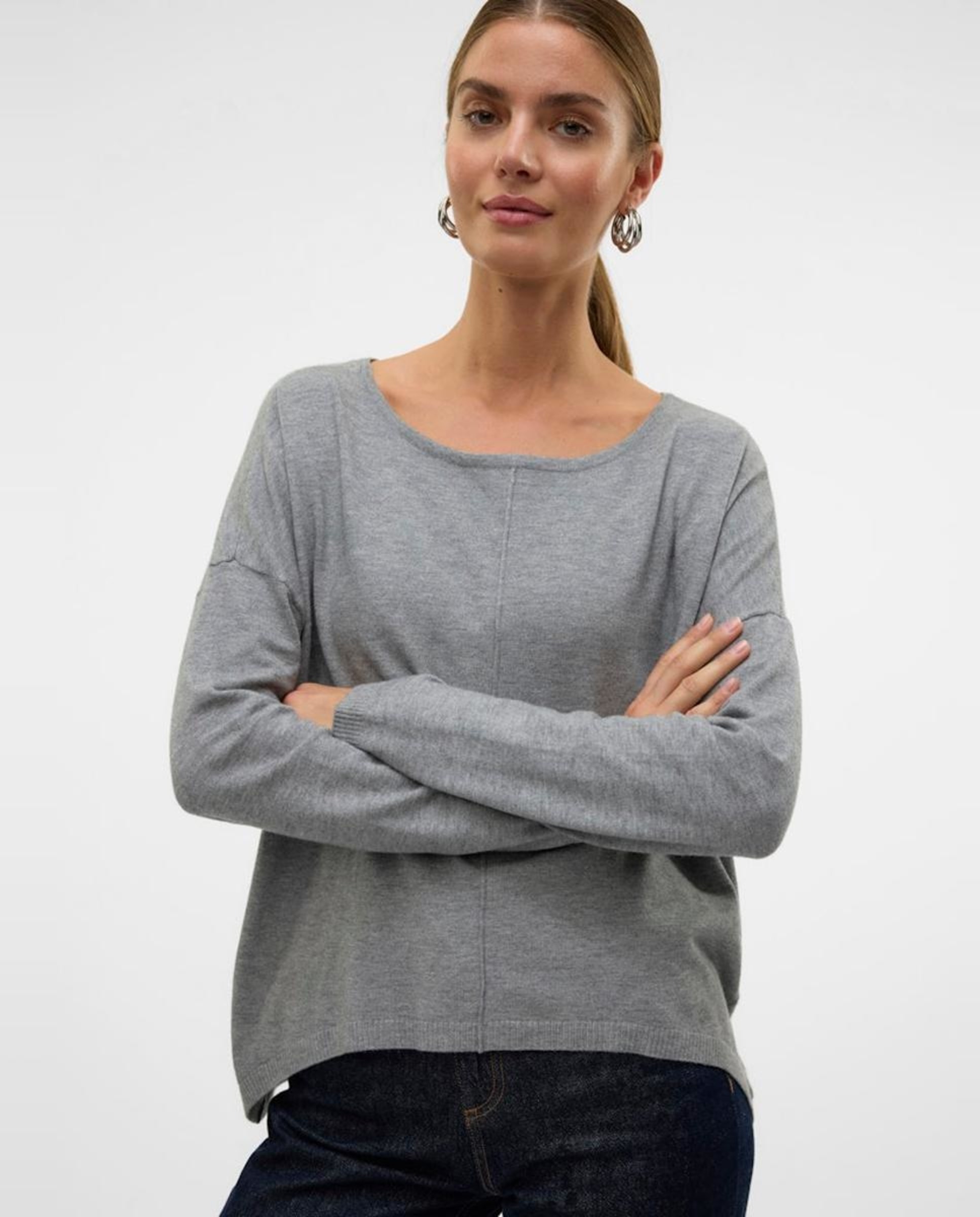 Camisola de Malha Fina com Corte Largo Cinzento-5