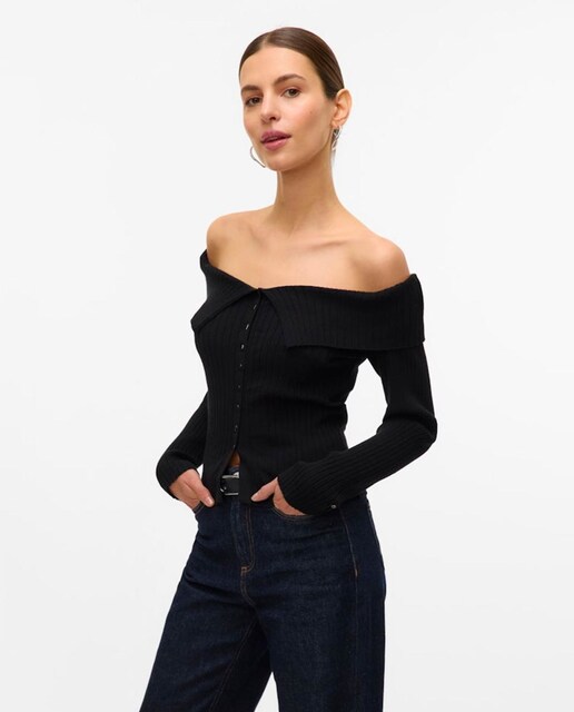 Imagem 0 de Camisola de Malha Canelada com Ombros Descobertos