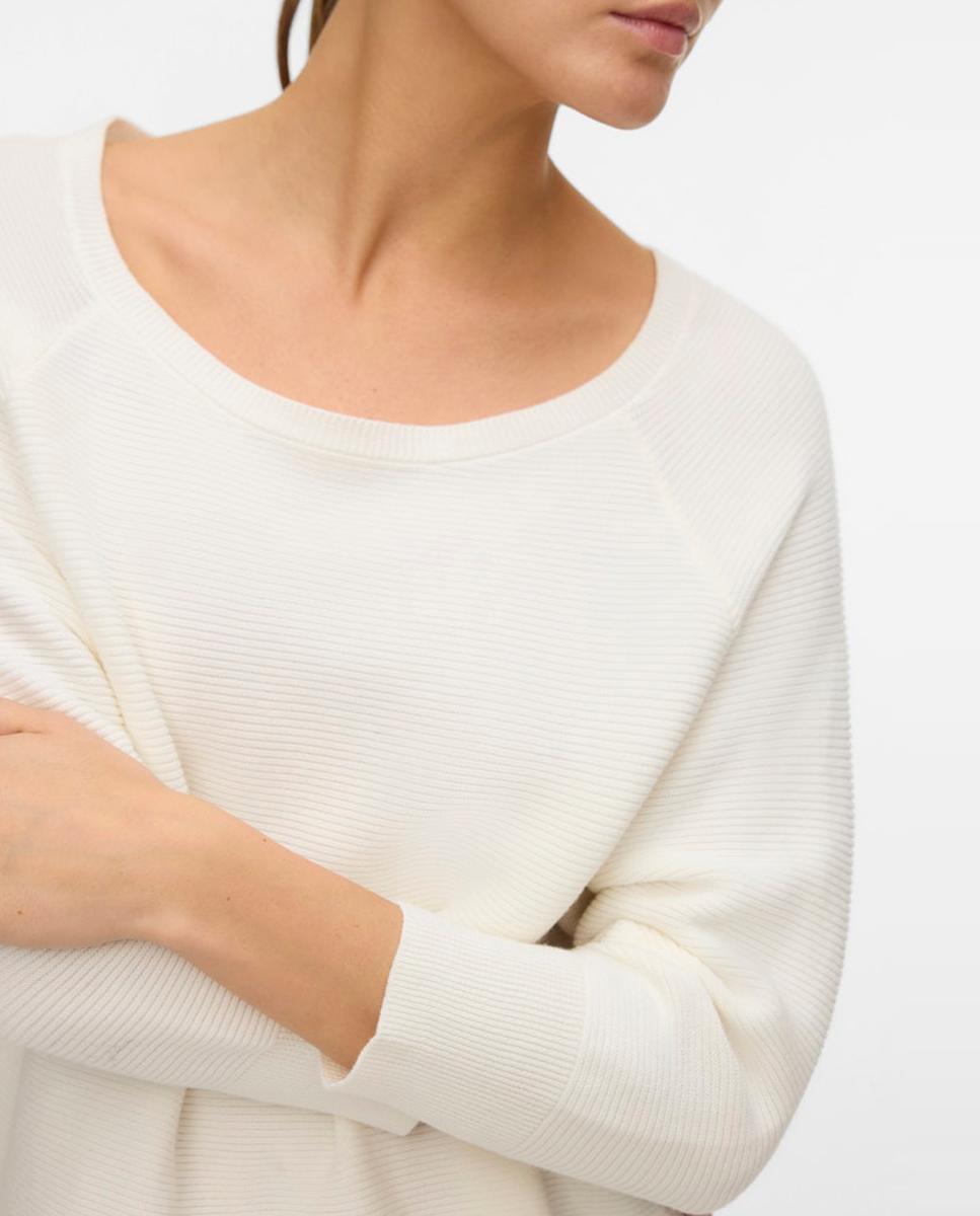 Camisola de Malha Fina com Decote à Barco Branco-3