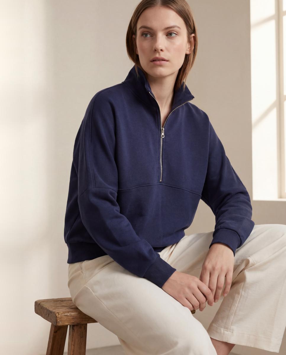 Sweatshirt de Manga Comprida com Fecho de Correr na Gola Azul-marinho-2