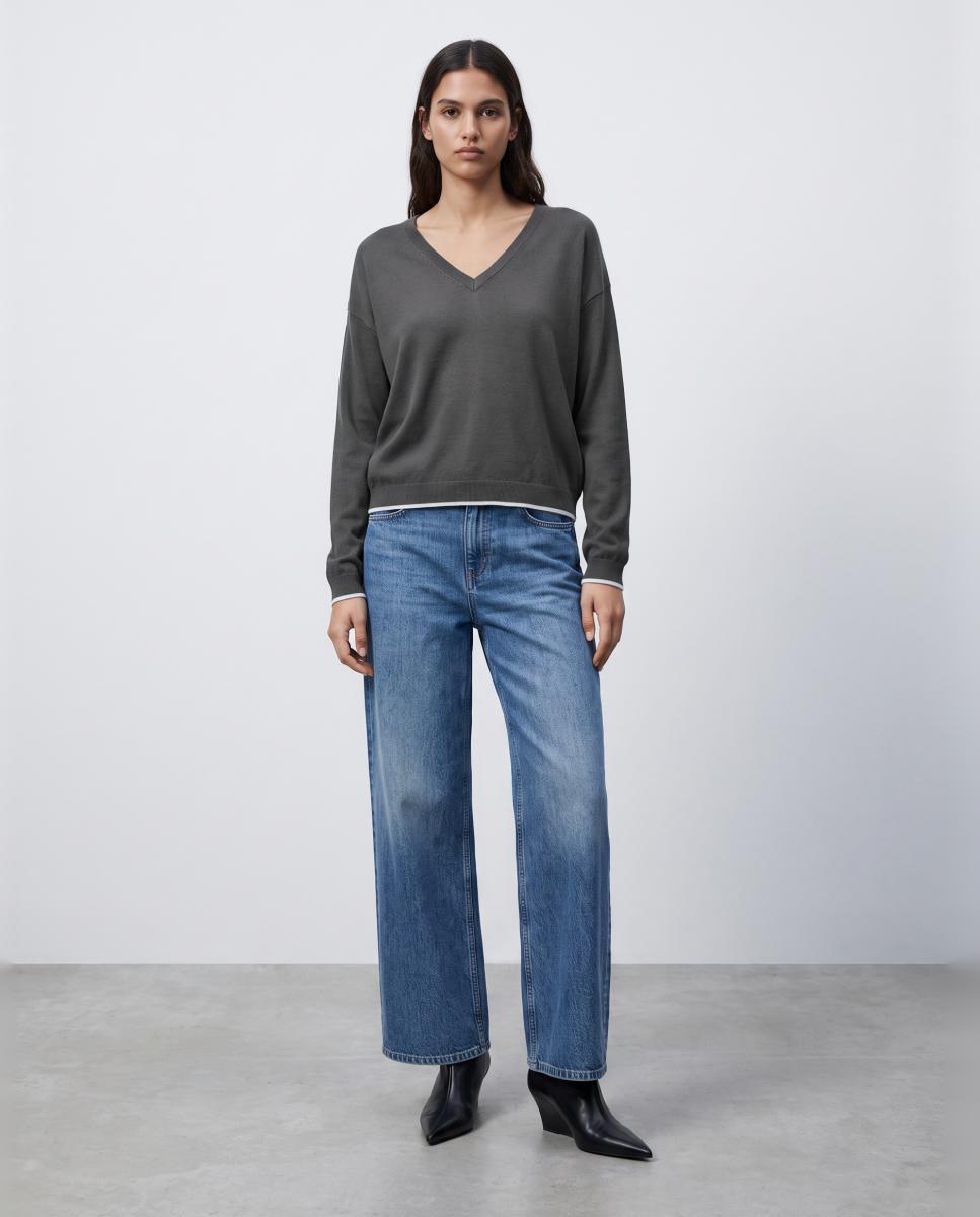 Camisola de Malha Fina com Decote em Bico Cinzento-escuro-4