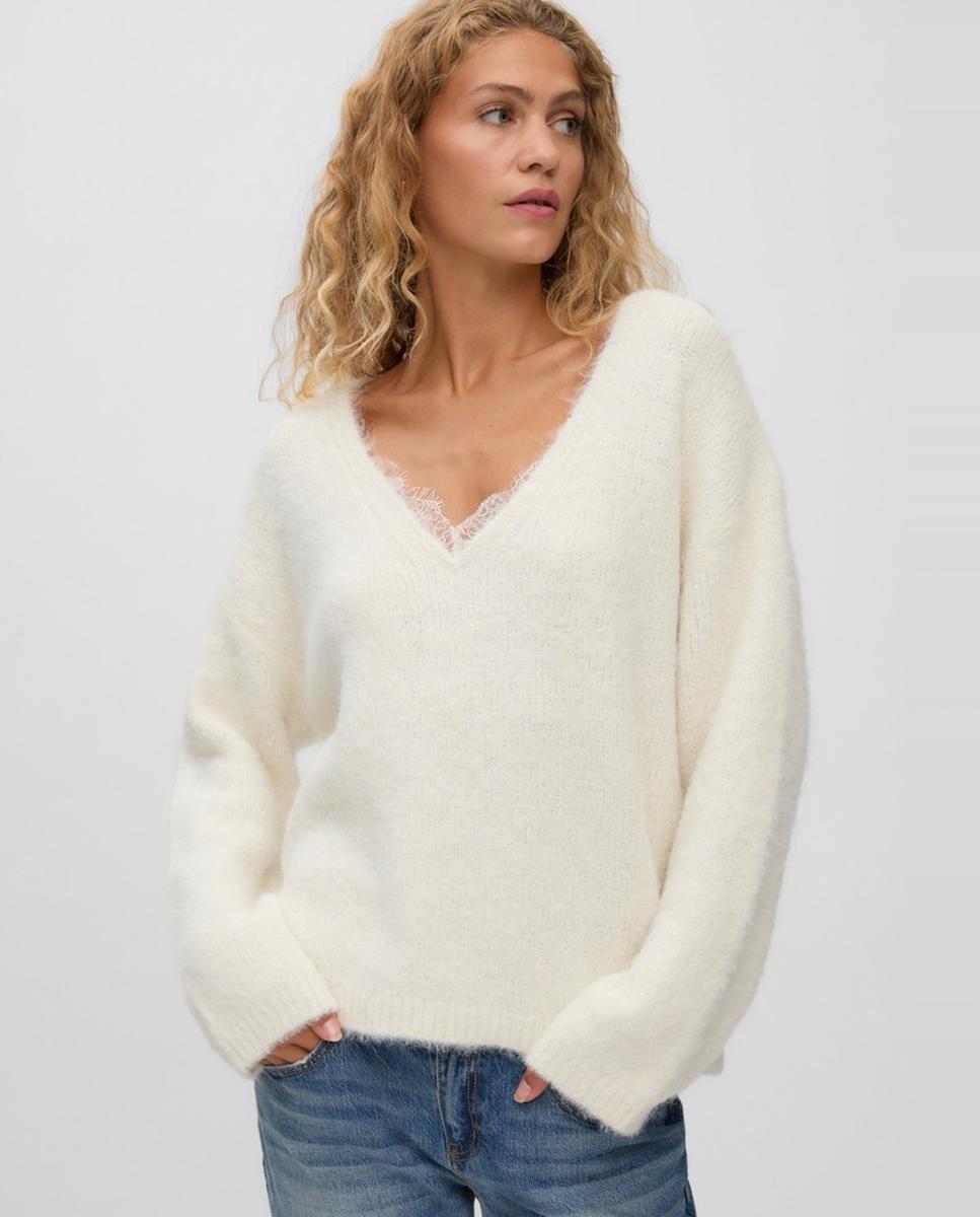 Imagen 0 de Jersey cuello pico con detalle de encaje Blanco hielo