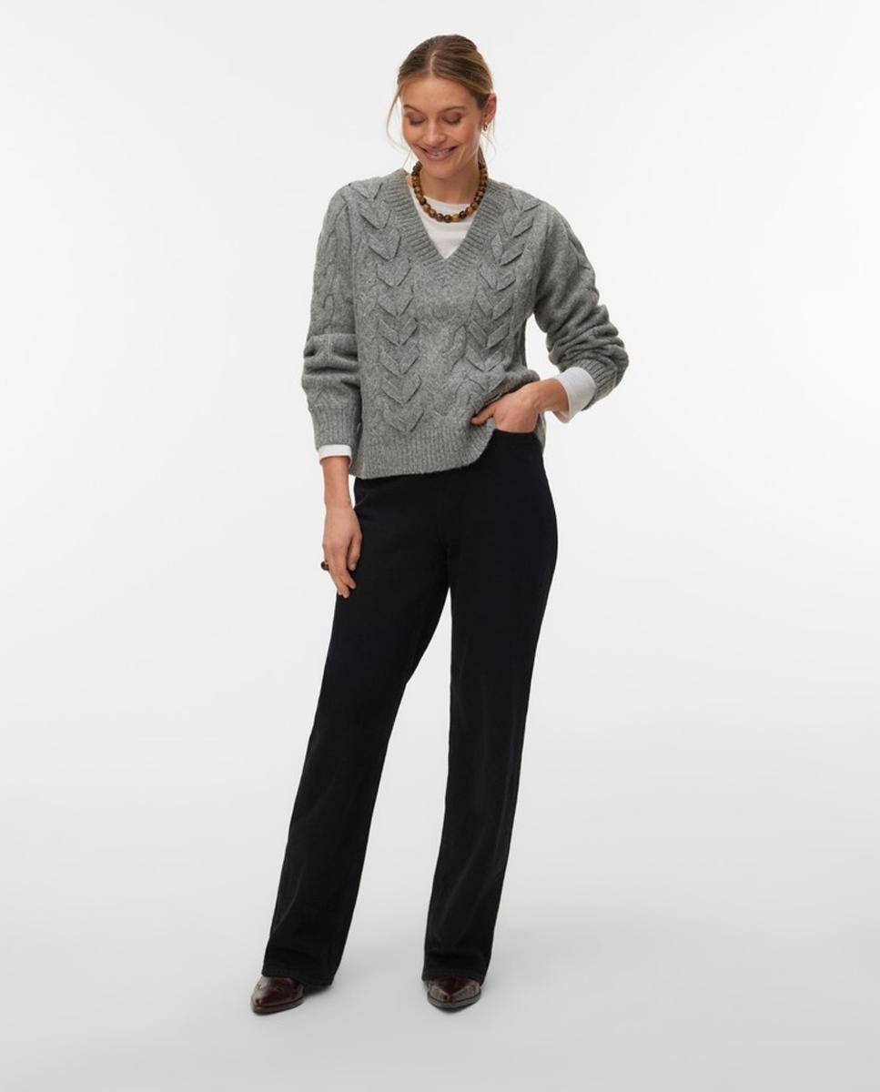Camisola de Malha com Decote em Bico Cinzento-5