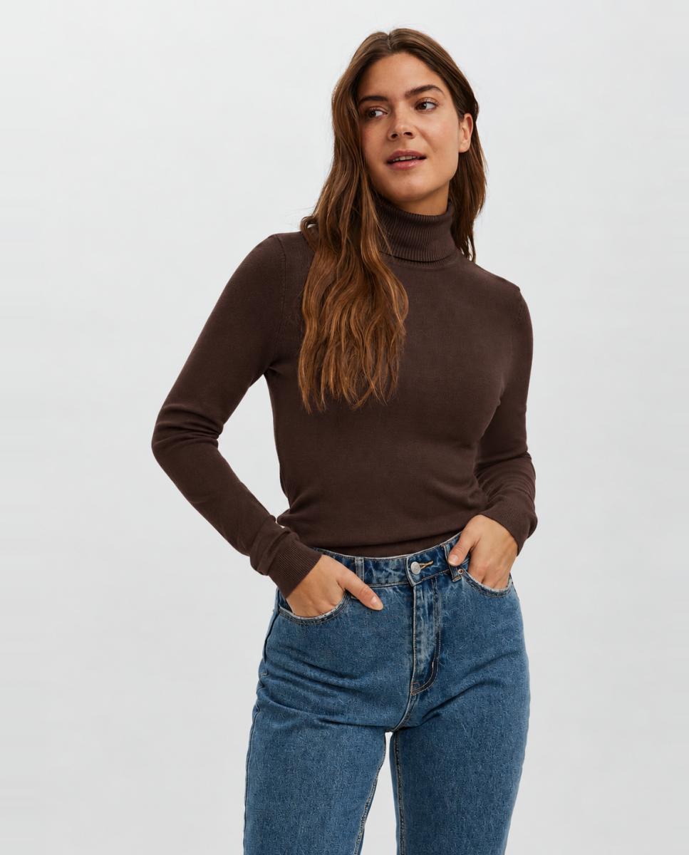 Camisola de Malha Cintada com Gola Dobrada Castanho-1