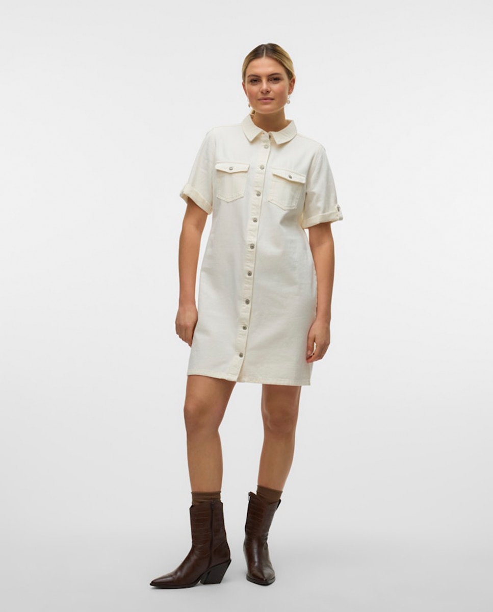 Vestido denim manga corta - Vero Moda - Rosa claro Blanco-1