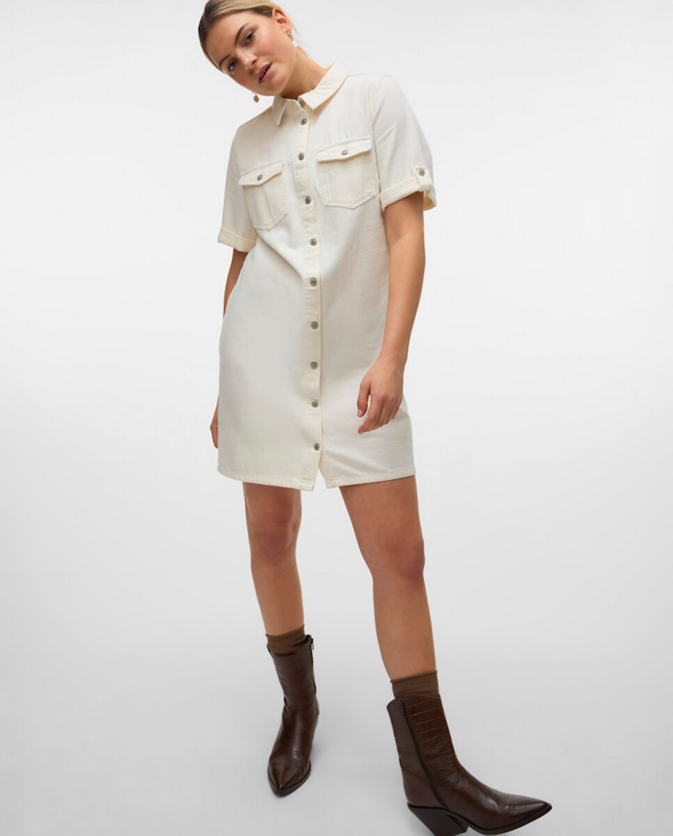 Vestido denim manga corta - Vero Moda - Rosa claro Blanco-4